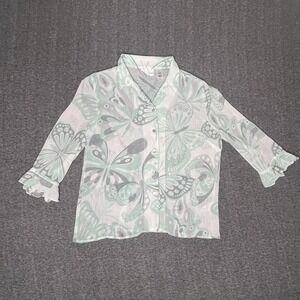 Alfred Dunner Semi Sheer Butterfly Blouse Sz 12‎ Crepe Chiffon Ruffle Sleeve